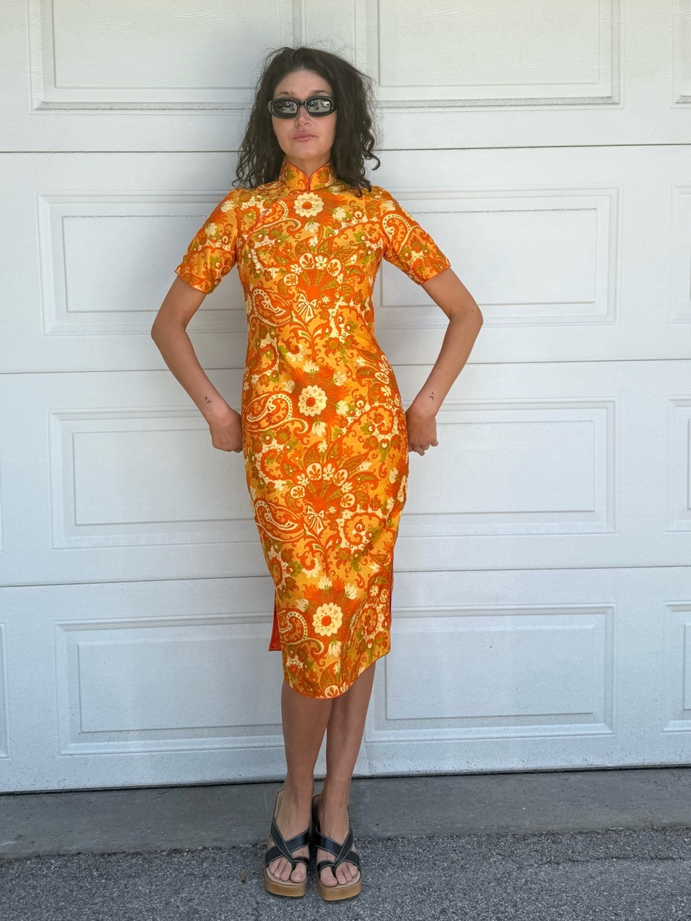 Vintage 60s Orange Raw Silk Floral Midi Dress Cheongsam with Jacket - Picture 4 of 17